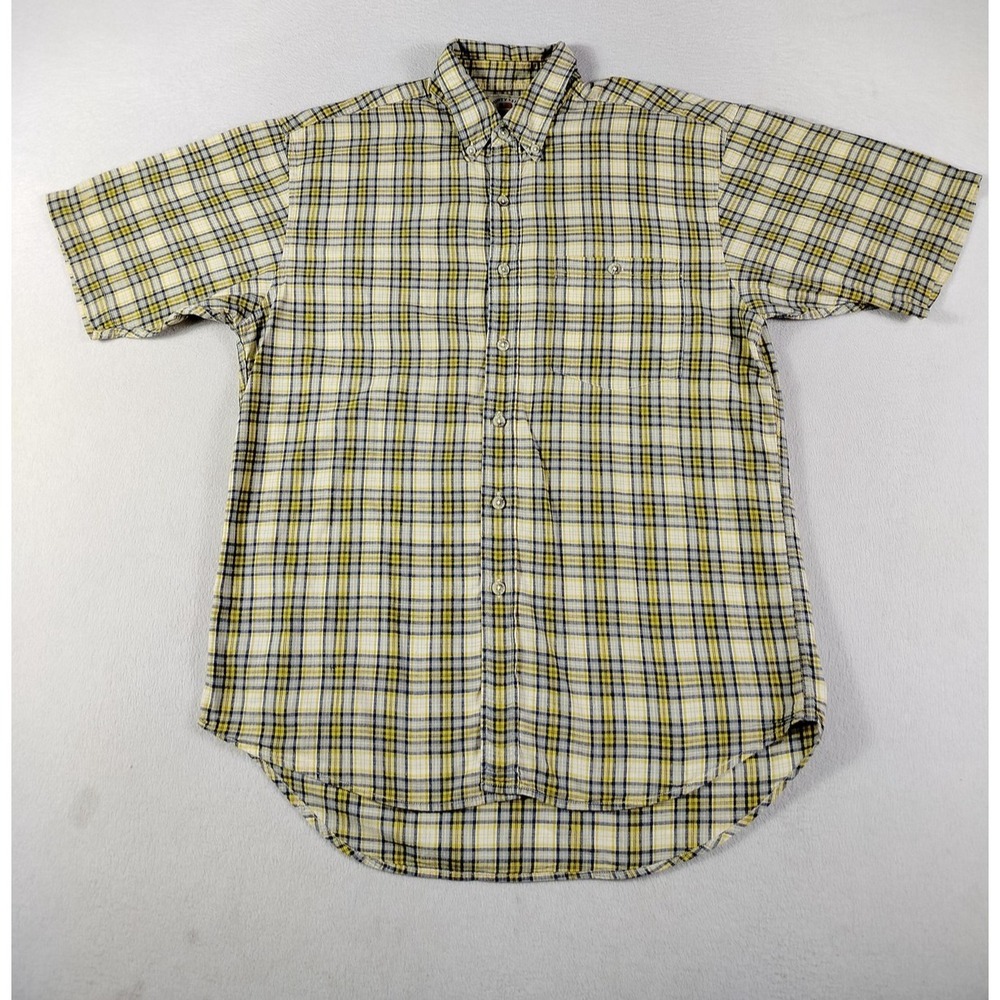 Vintage County Seat Shirt Mens Medium Yellow Blue Plaid‎ Westercore Rodeo Cowboy